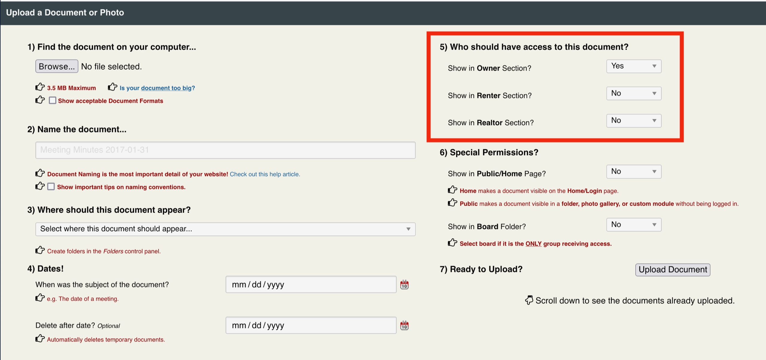 Screenshot of the Documents and Photos control panel highlighting permission question.