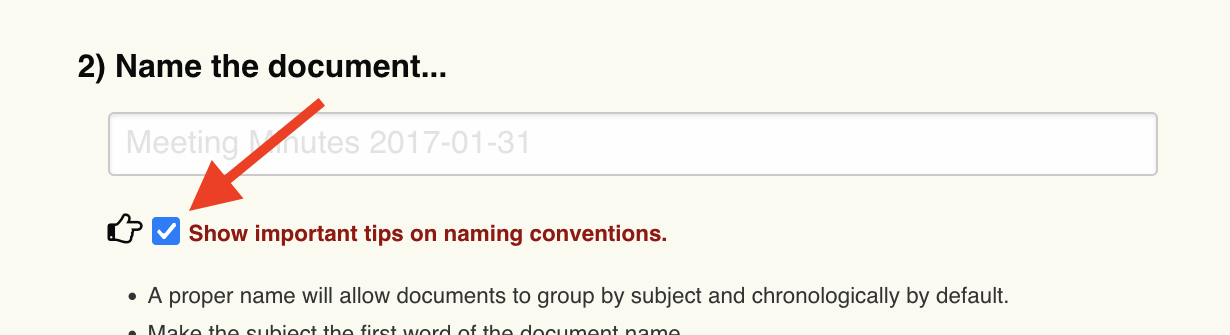 Document naming tips checkbox