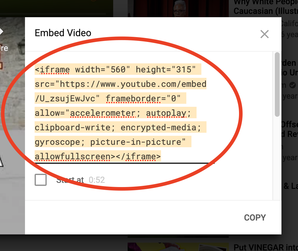 Code to be copied as shown in YouTube.